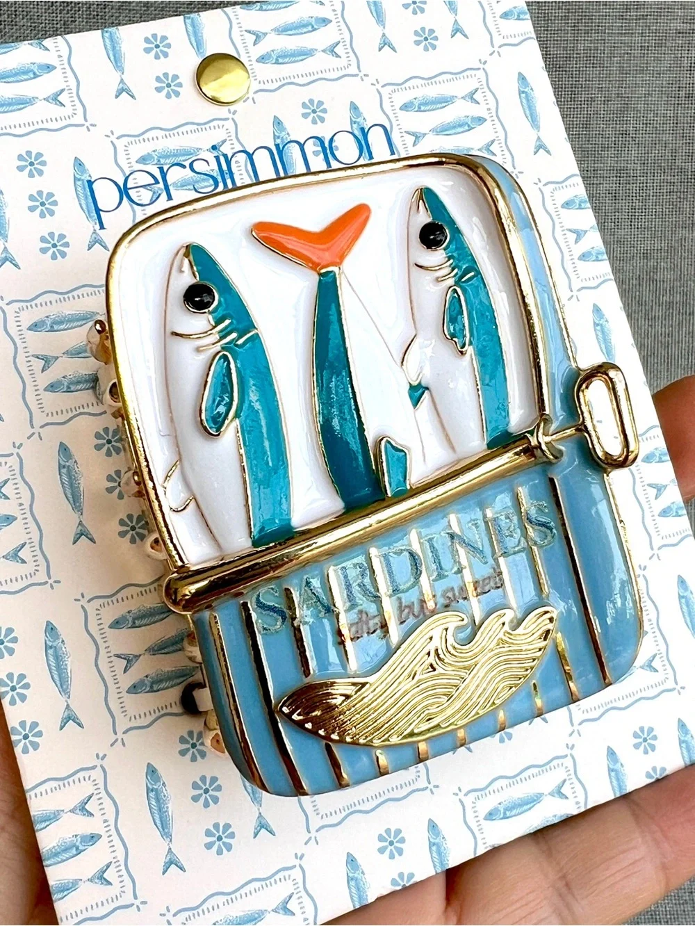 Persimmon Novelty Canned Sardines fish claw jaw metal hair clip gold blue white